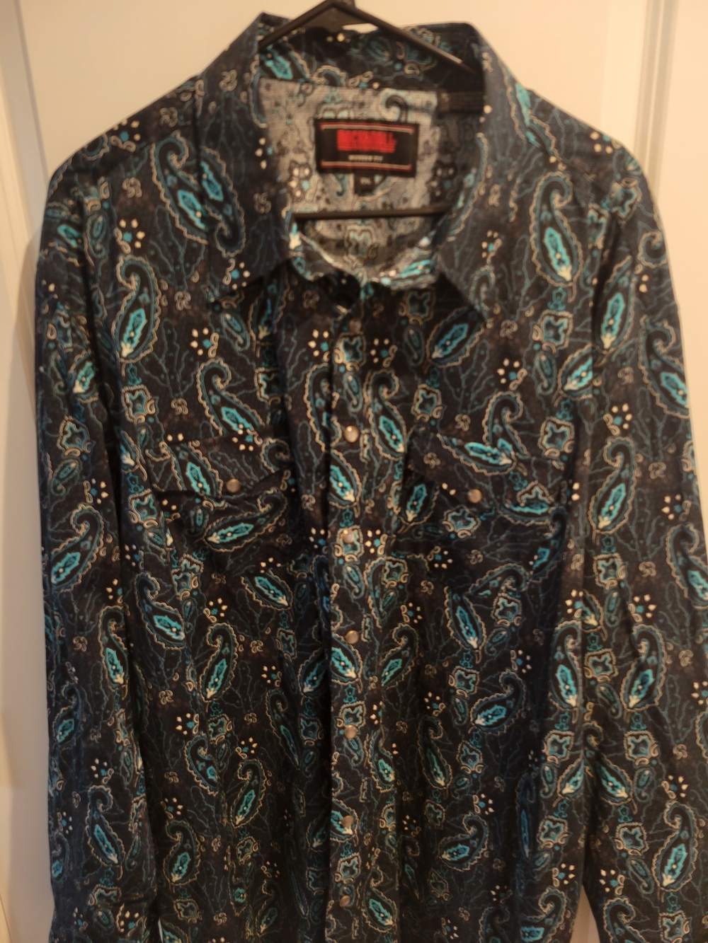 Men's Black Paisley Pearl Snap Rock & Roll Demim Shirt with Teal Accents